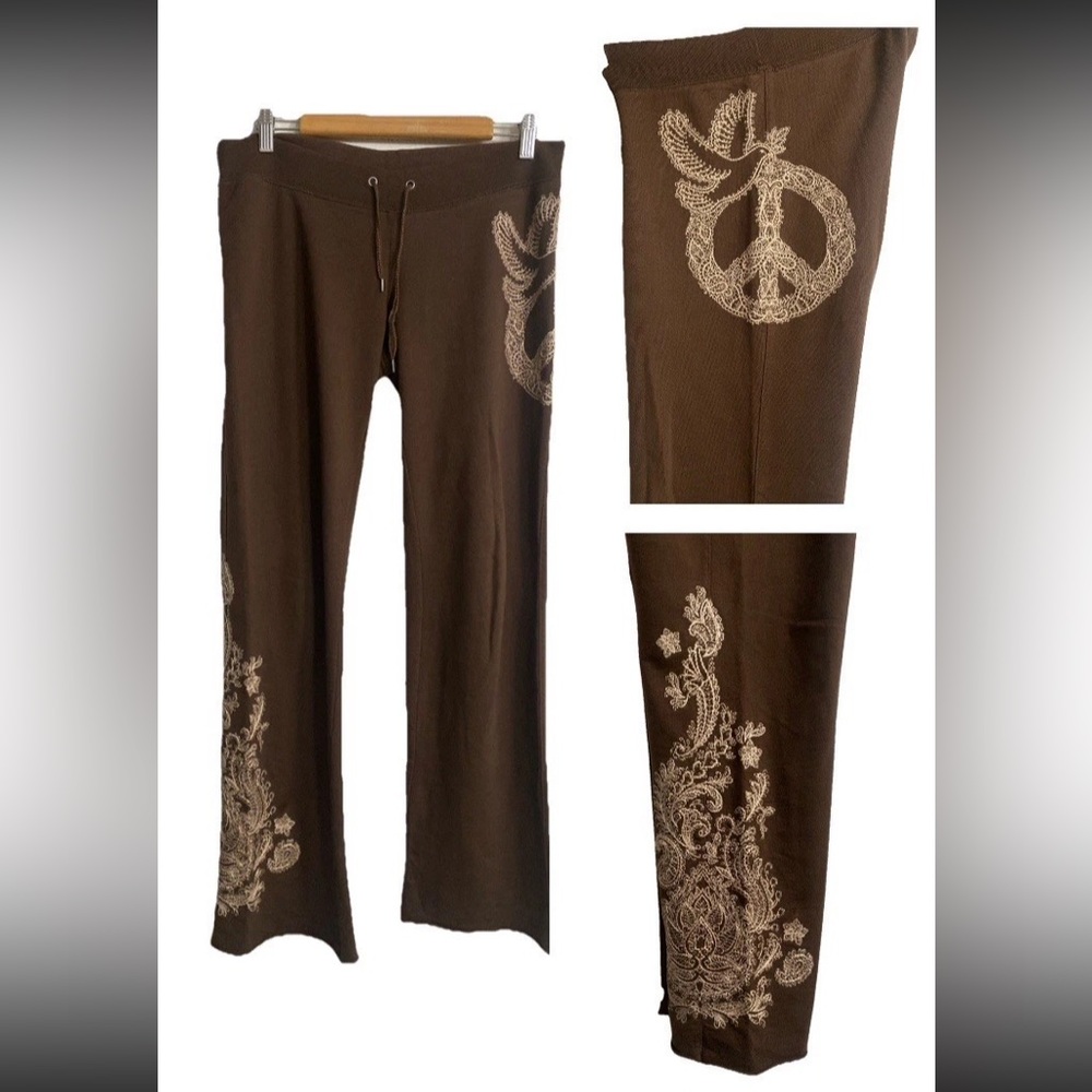 Y2K LUCKY BRAND Sweat Pants Brown Embroidered Peace Floral Wide Leg Size S EUC!
